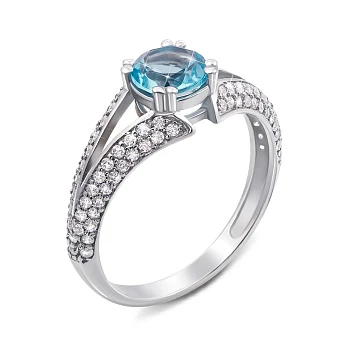 Серебряное кольцо с голубым топазом и фианитами 000129360