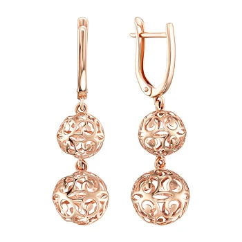Серьги-подвески из красного золота с ажурными шариками 000139216
